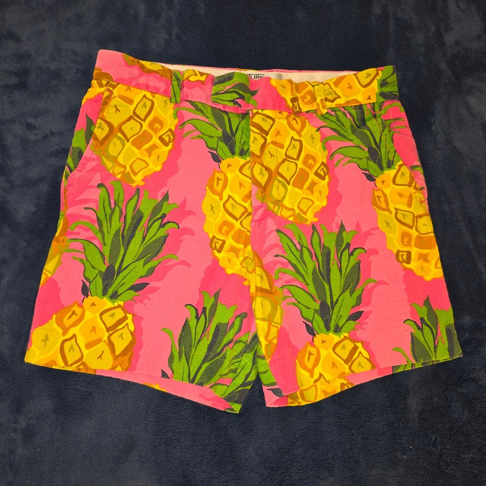 Mr Turk Mens Pineapple Print Shorts Pink Yellow Tropical Cotton Stretch Size 32